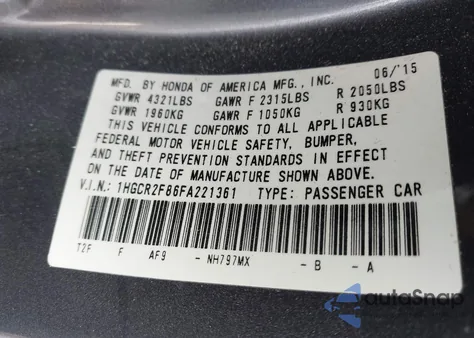 2015 Honda Accord Ex-L z USA, uszkodzony, nr VIN 1HGCR2F86FA221361